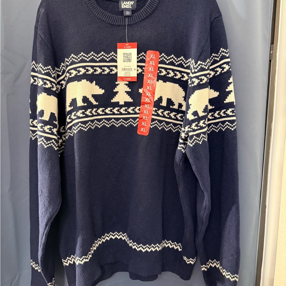 Lands' End Navy Crewneck Sweater with Cream Bear Fair Isle
